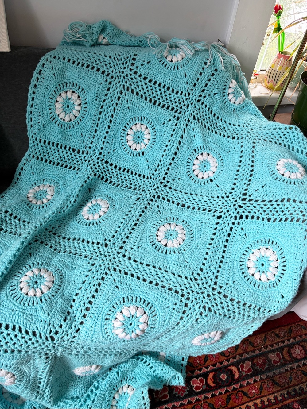 Handmade Vintage Crochet Granny Square Blue & White Blanket